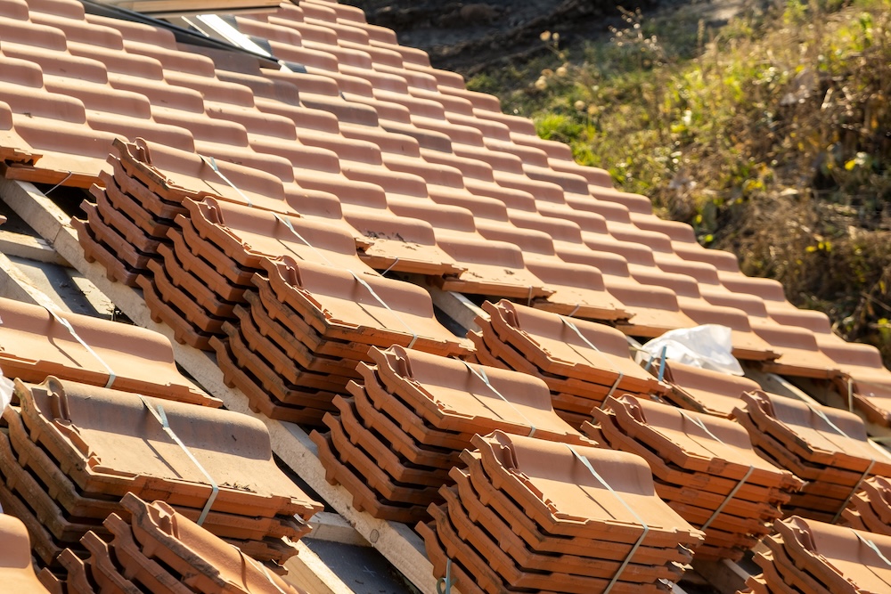 Stacks of tiles on roof